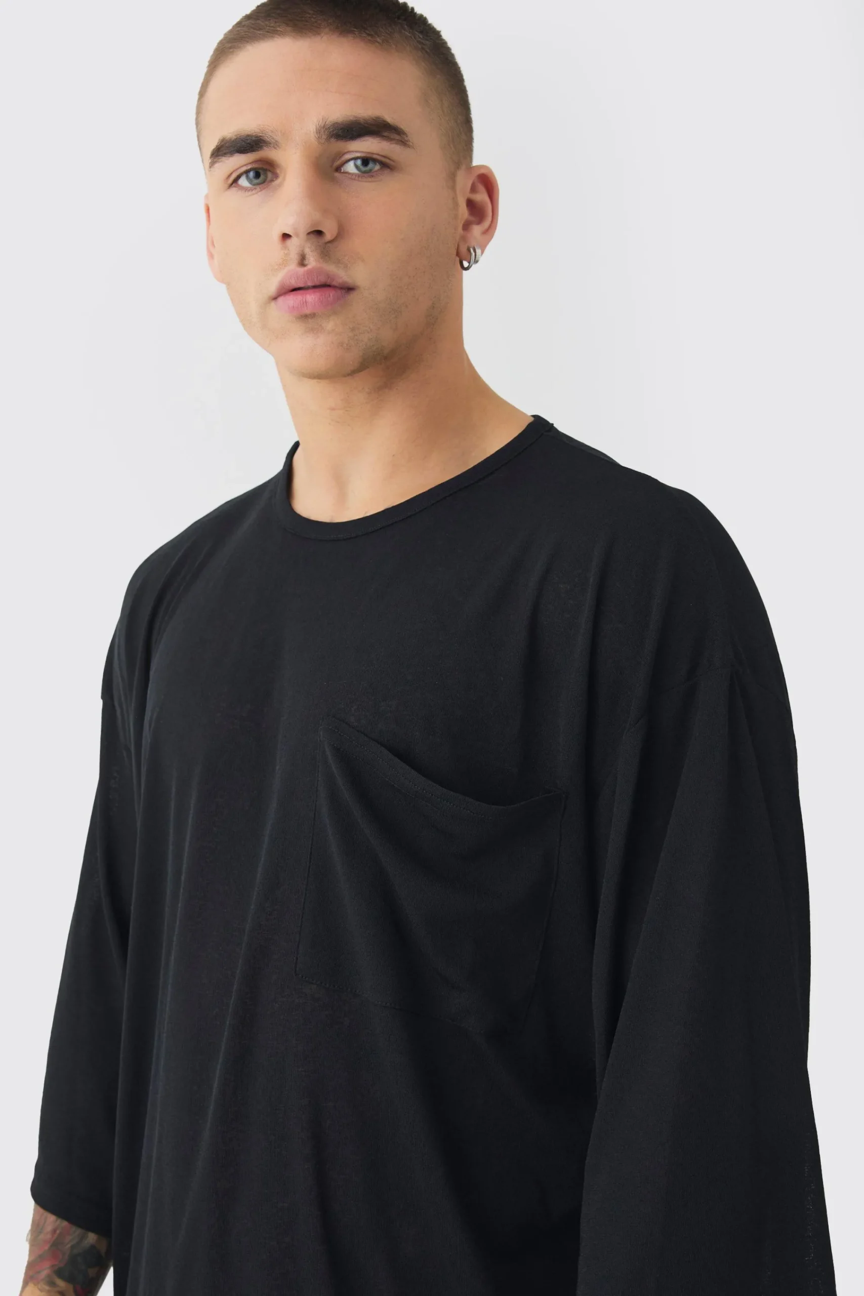 Oversized Semi Sheer Pocket Half Sleeve T-shirt | UK^boohooMAN Outlet