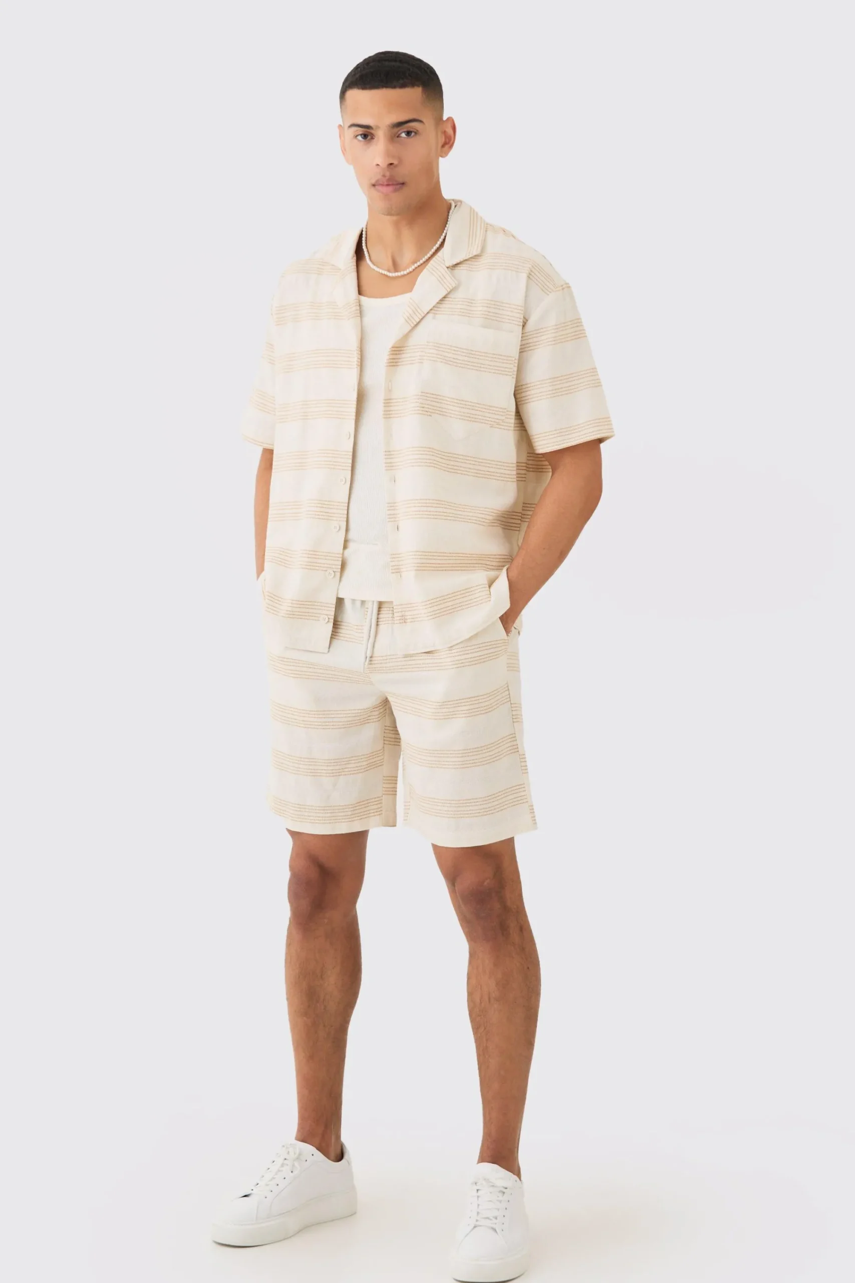 boohooMAN Oversized Short Sleeve Open Weave Shirt & Short Set | UK| Sets & Co-Ords