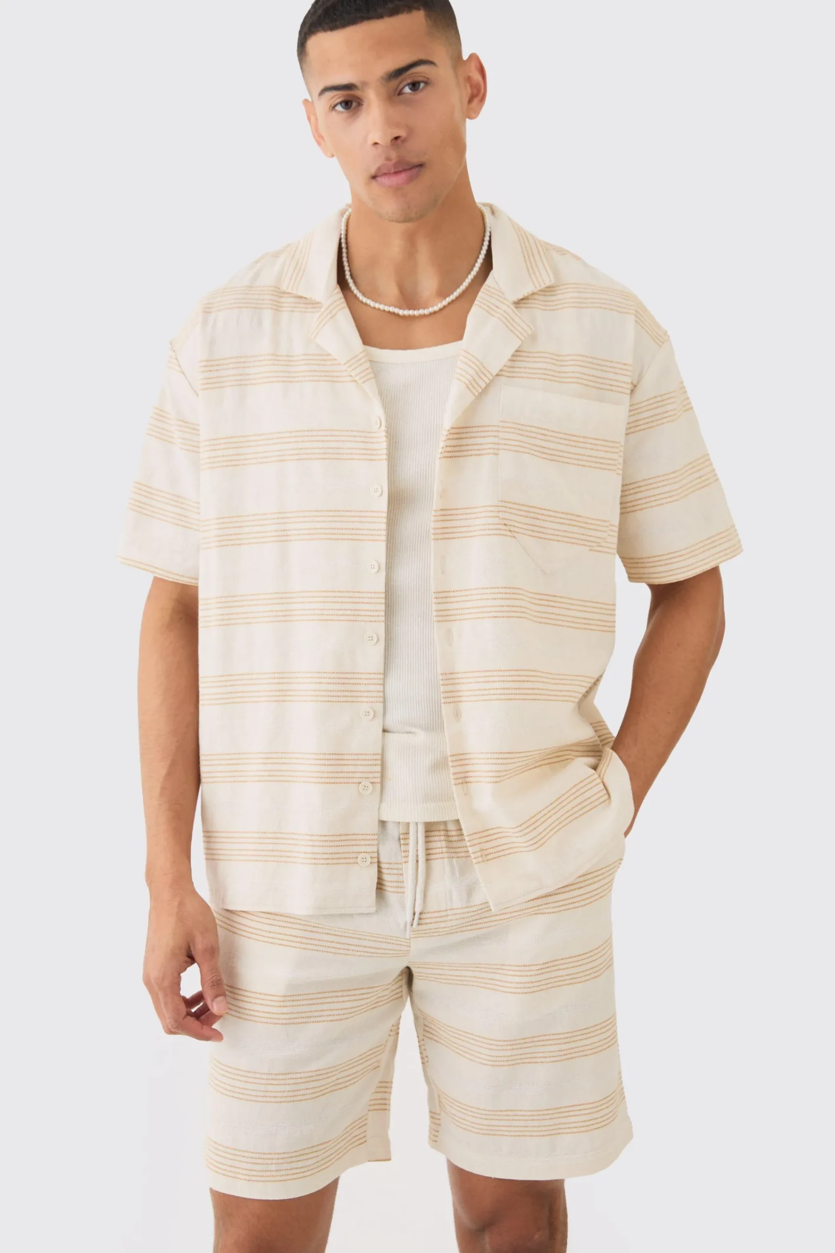 boohooMAN Oversized Short Sleeve Open Weave Shirt & Short Set | UK| Sets & Co-Ords