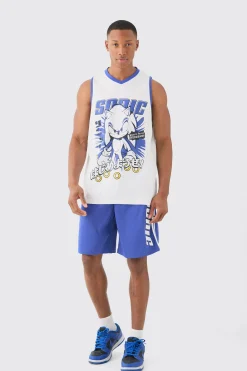 boohooMAN Oversized Sonic The Hedgehog License Mesh Vest And Short Set | UK| Sets & Co-Ords|Tracksuits