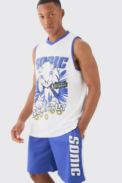 boohooMAN Oversized Sonic The Hedgehog License Mesh Vest And Short Set | UK| Sets & Co-Ords|Tracksuits