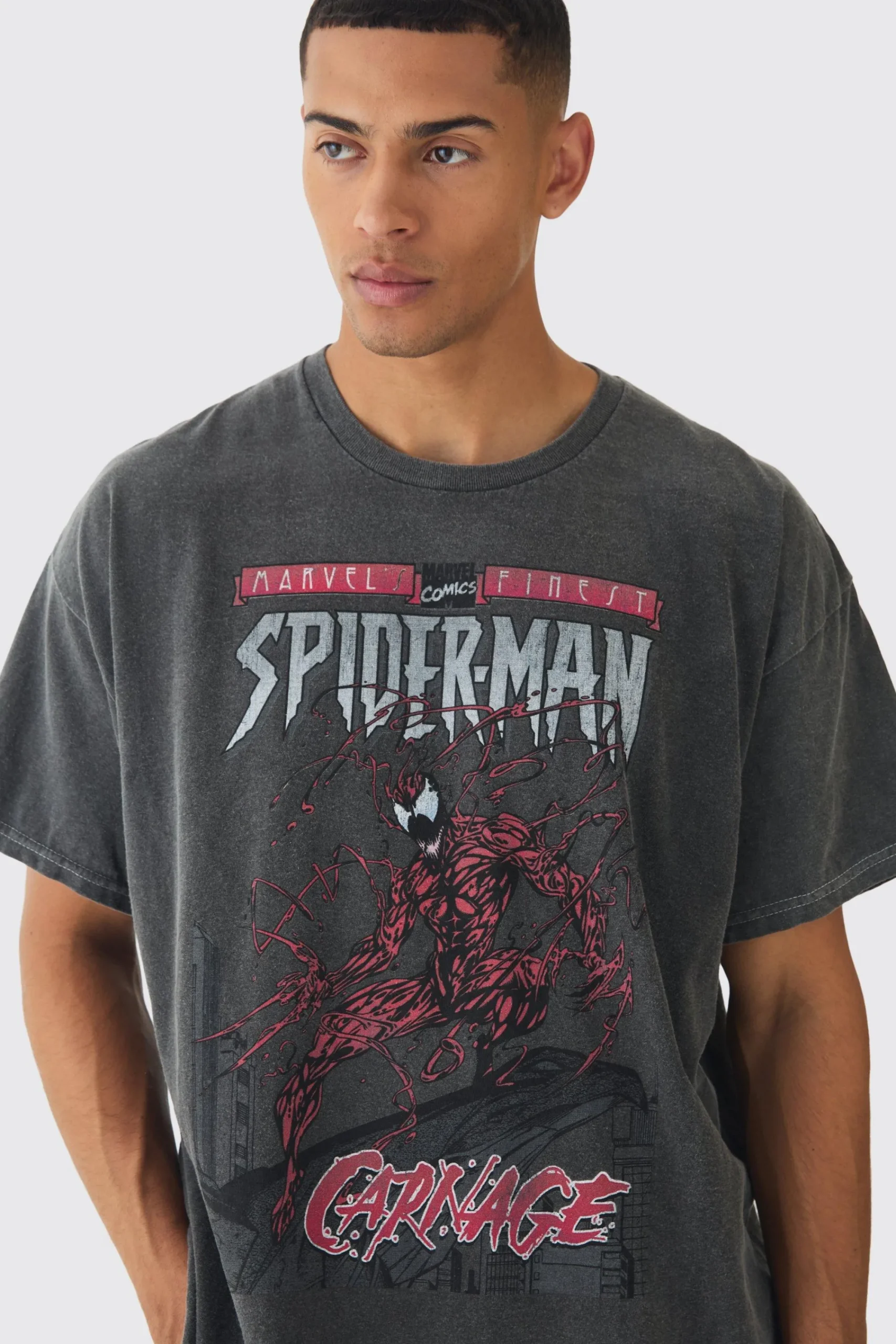 Oversized Spiderman Marvel Wash License Print T-Shirt | UK^boohooMAN Clearance