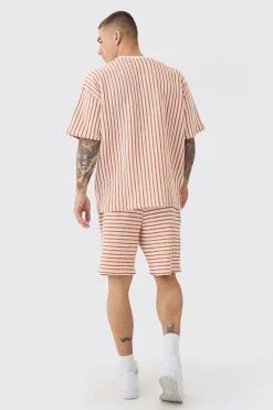 boohooMAN Oversized Striped Textured T-shirt & Short Set | UK| Sets & Co-Ords|Tracksuits