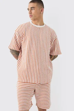 boohooMAN Oversized Striped Textured T-shirt & Short Set | UK| Sets & Co-Ords|Tracksuits