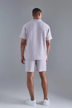 boohooMAN Oversized Striped Textured Revere Polo & Short Set | UK| Sets & Co-Ords|Tracksuits