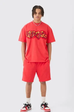 boohooMAN Oversized Super Heavy Embroide Slogan T-shirt & Short Set | UK| Tracksuits