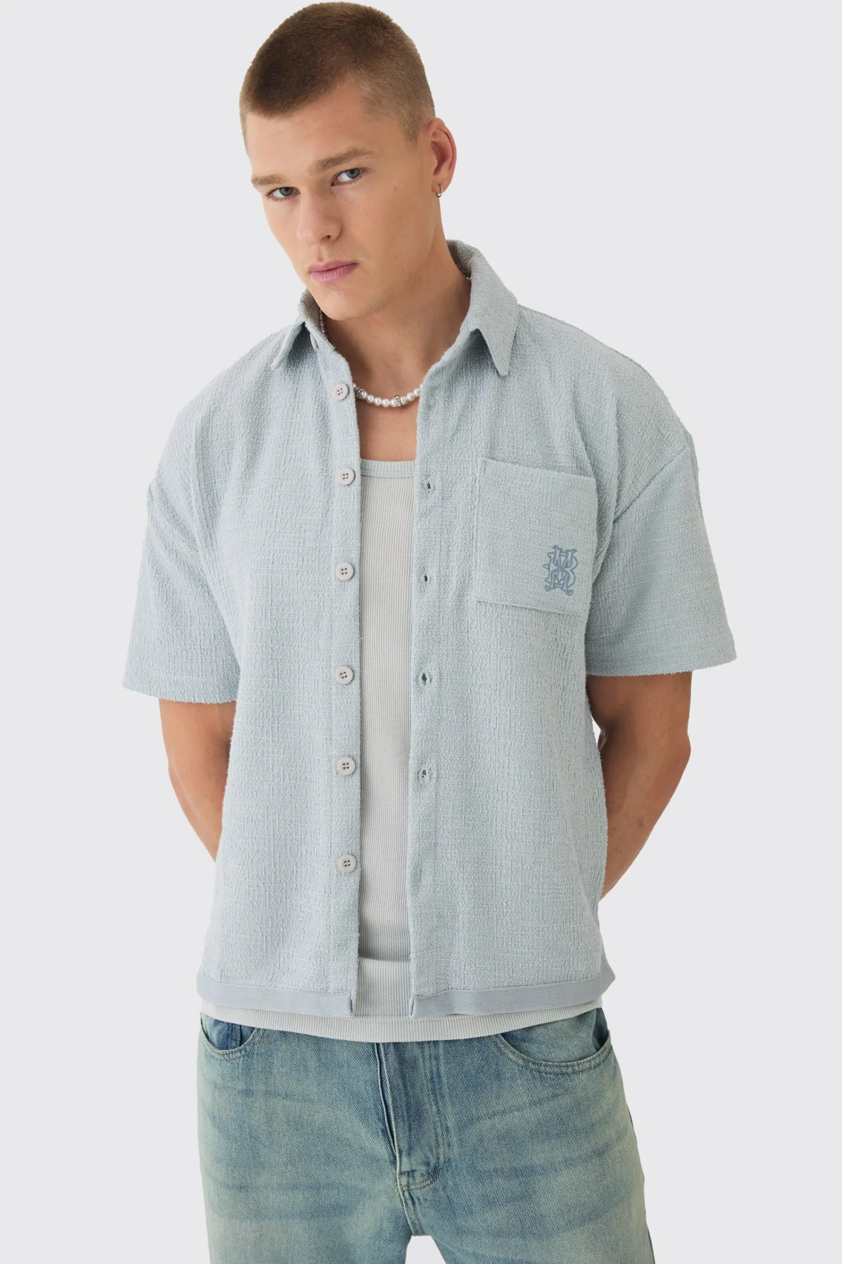 boohooMAN Oversized Textured Embroidered Shirt | UK| Shirts