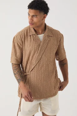 boohooMAN Oversized Textured Wrap Tie Half Sleeve Shirt | UK| Shirts