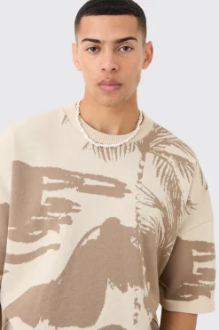 Oversized Tonal Scenic Drawing Knitted T-shirt | UK^boohooMAN Outlet