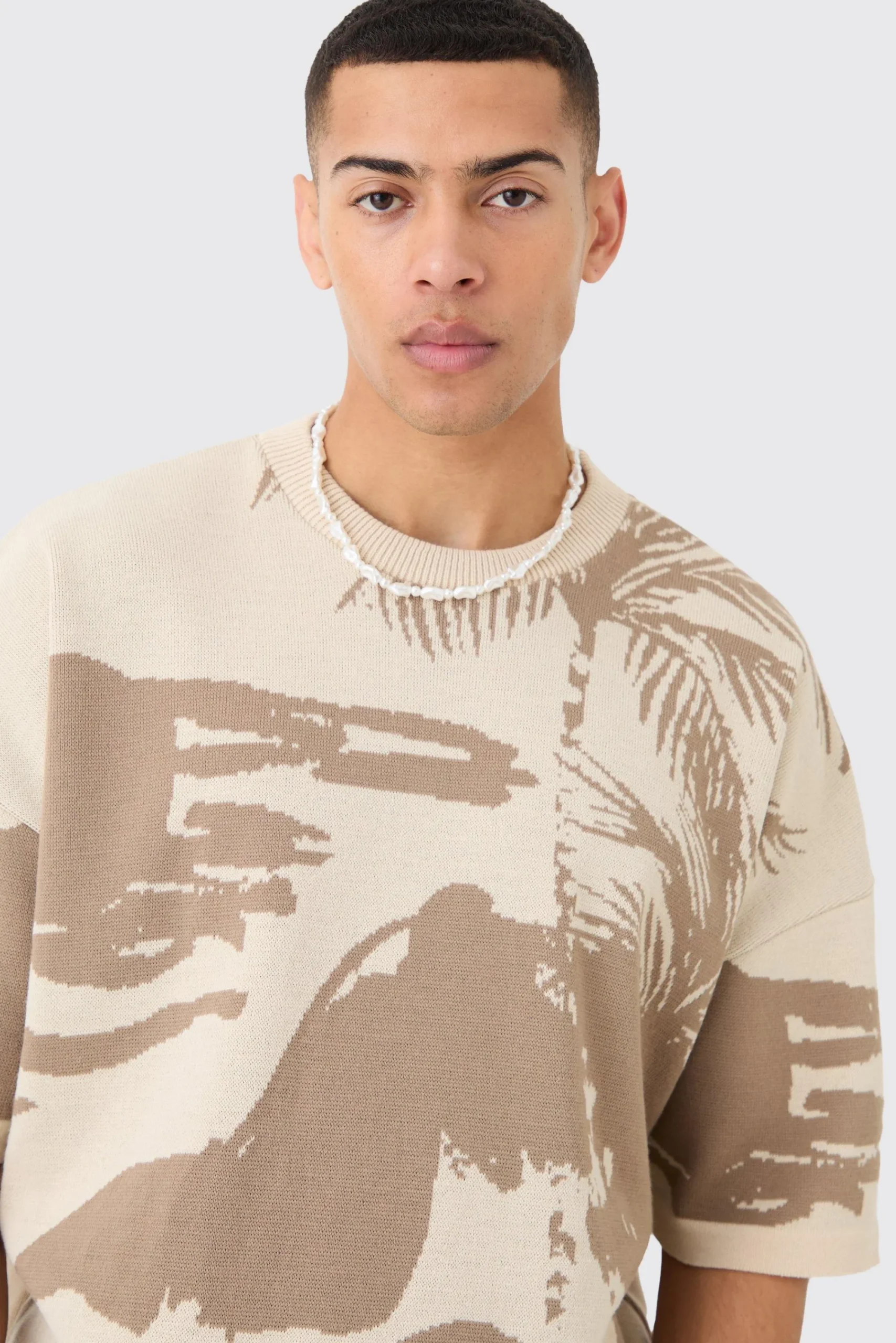 Oversized Tonal Scenic Drawing Knitted T-shirt | UK^boohooMAN Outlet