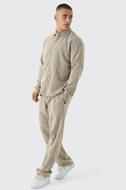 boohooMAN Oversized Two-tone Zip Ribbed Jersey Shirt & Straight Jogger Set | UK| Sets & Co-Ords