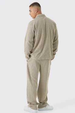 boohooMAN Oversized Two-tone Zip Ribbed Jersey Shirt & Straight Jogger Set | UK| Sets & Co-Ords