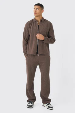 boohooMAN Oversized Two-tone Zip Ribbed Jersey Shirt & Straight Jogger Set | UK| Sets & Co-Ords