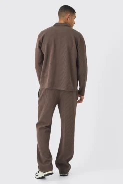 boohooMAN Oversized Two-tone Zip Ribbed Jersey Shirt & Straight Jogger Set | UK| Sets & Co-Ords