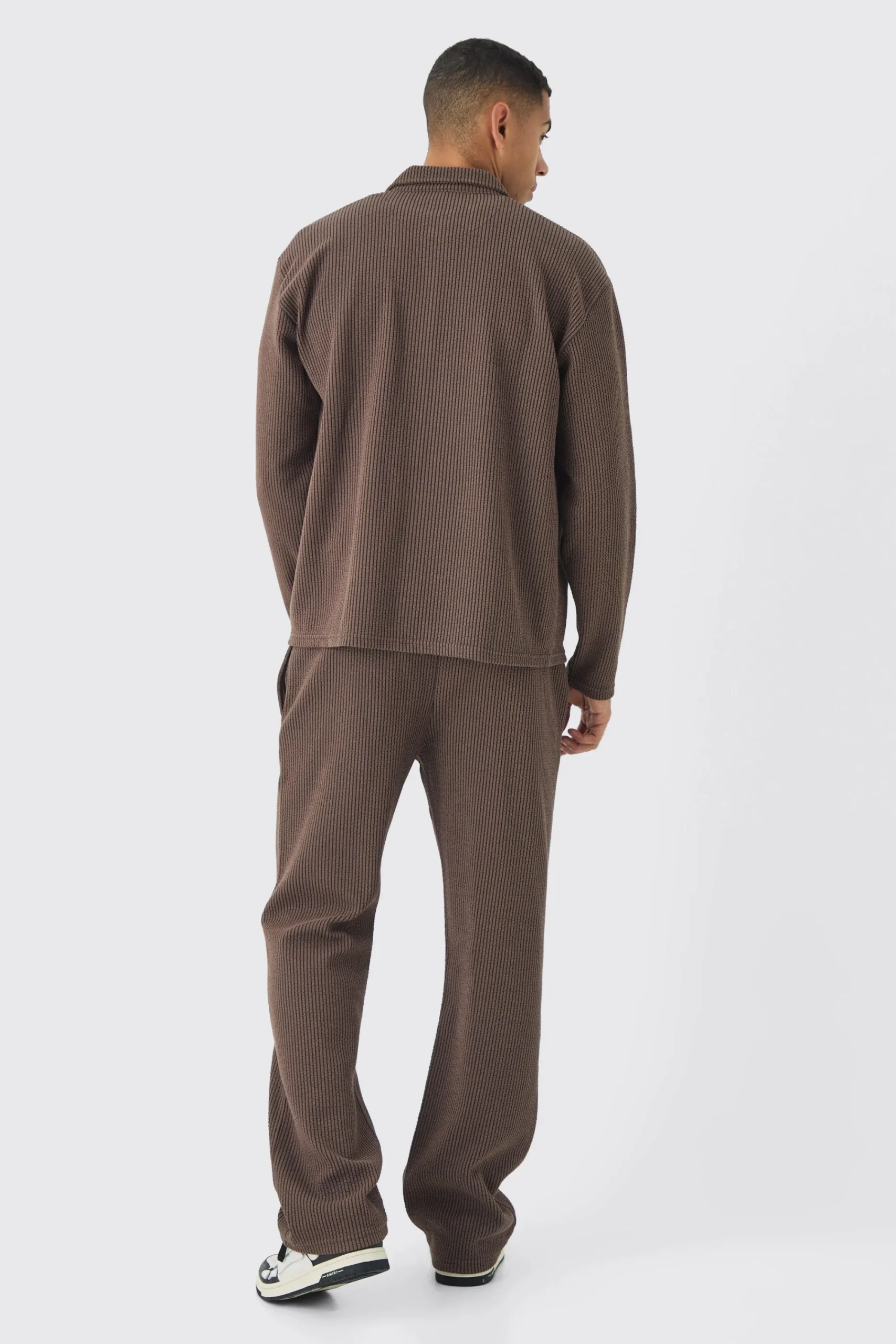 boohooMAN Oversized Two-tone Zip Ribbed Jersey Shirt & Straight Jogger Set | UK| Sets & Co-Ords