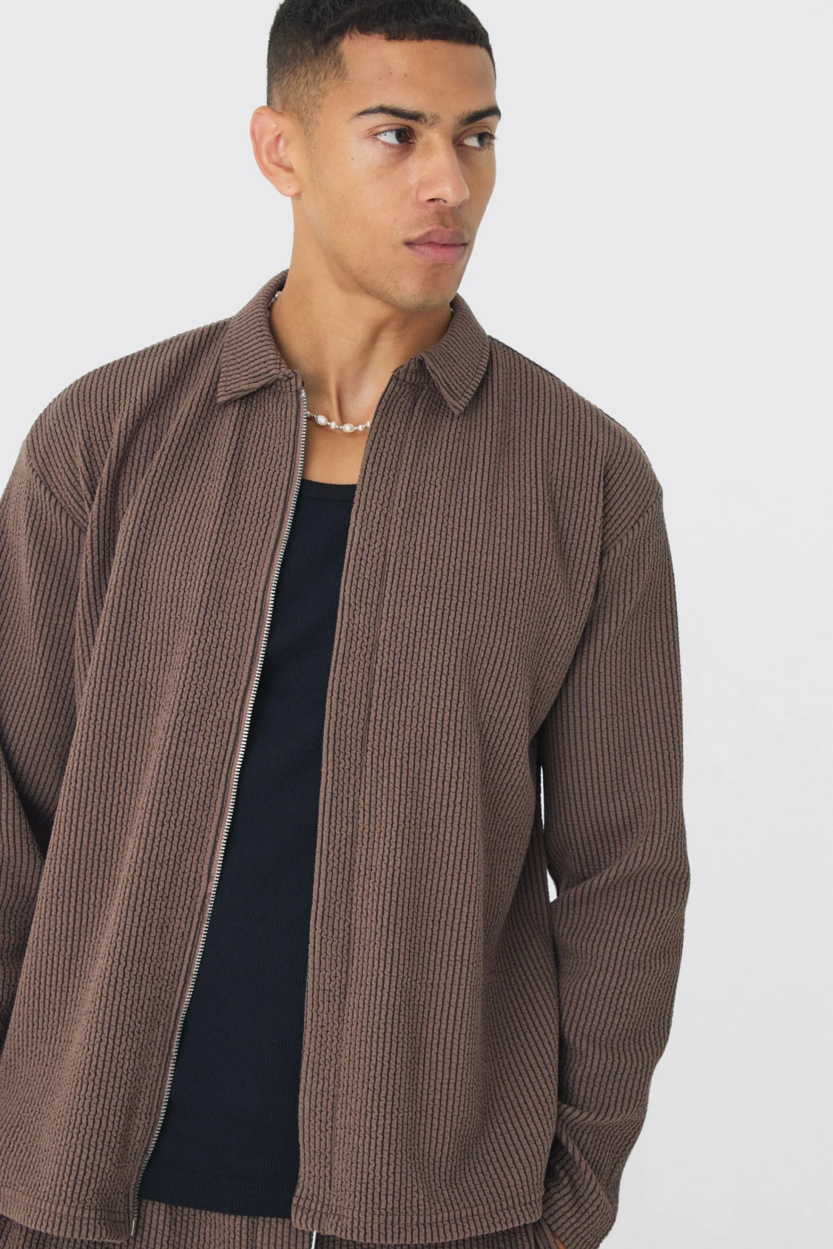 boohooMAN Oversized Two-tone Zip Ribbed Jersey Shirt & Straight Jogger Set | UK| Sets & Co-Ords