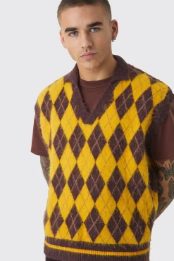 Oversized V Neck Argyle Fluffy Knit Vest | UK^boohooMAN Online