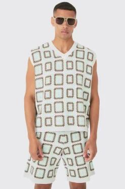 boohooMAN Oversized V Neck Crochet Knitted Tank | UK| Tracksuits