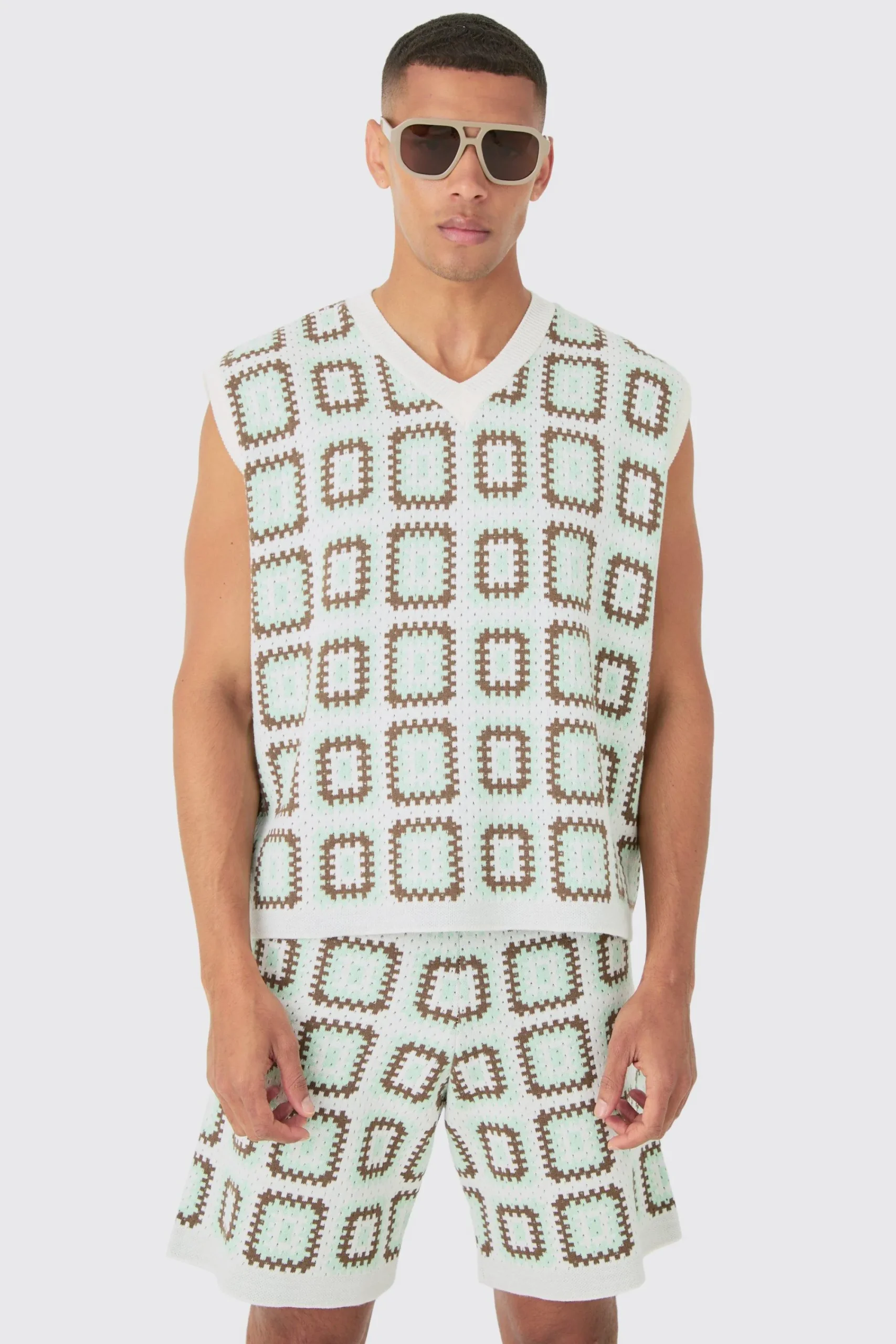 boohooMAN Oversized V Neck Crochet Knitted Tank | UK| Tracksuits