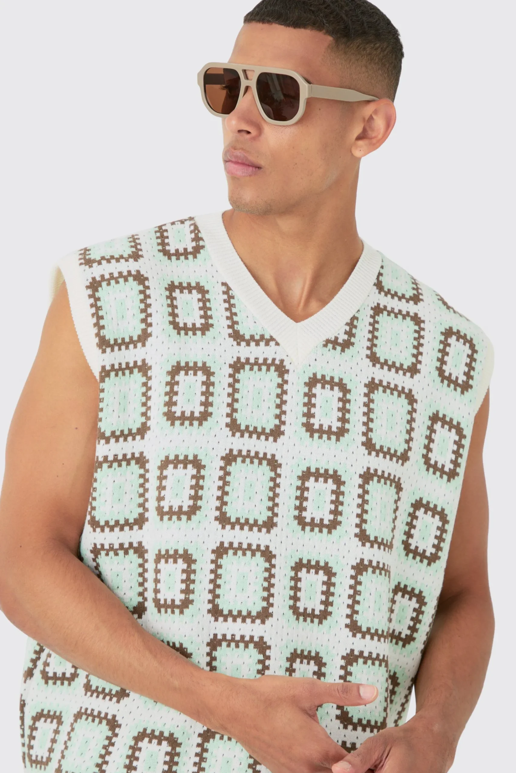 boohooMAN Oversized V Neck Crochet Knitted Tank | UK| Tracksuits