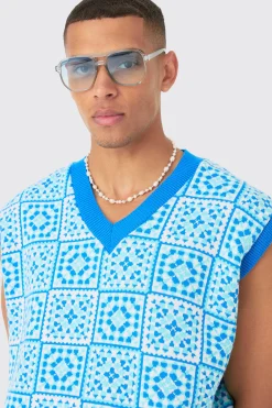 Oversized V Neck Crochet Knitted Tank | UK^boohooMAN