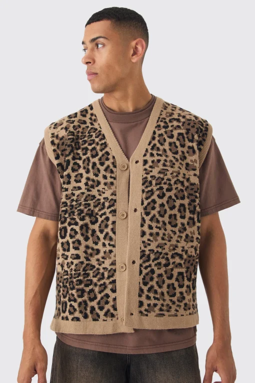 Oversized V Neck Leopard Button Through Knitted Vest | UK^boohooMAN New
