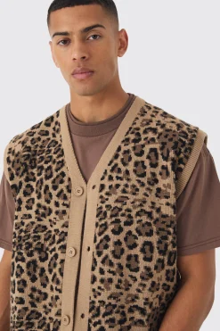 Oversized V Neck Leopard Button Through Knitted Vest | UK^boohooMAN New