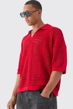 boohooMAN Oversized V Neck Open Stitch Knitted Polo | UK| Knitwear