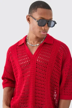 boohooMAN Oversized V Neck Open Stitch Knitted Polo | UK| Knitwear