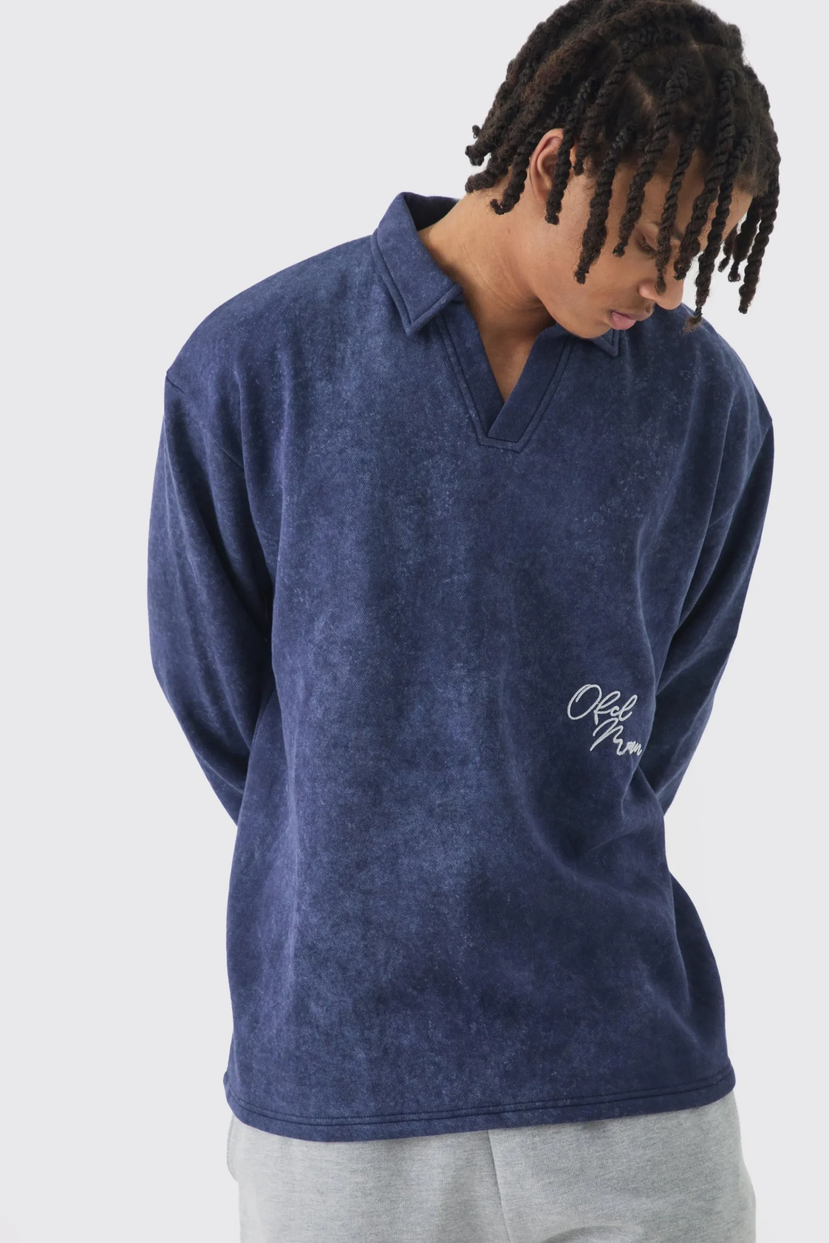 Oversized V Neck Washed Embroidered Rugby Sweatshirt Polo | UK^boohooMAN Clearance