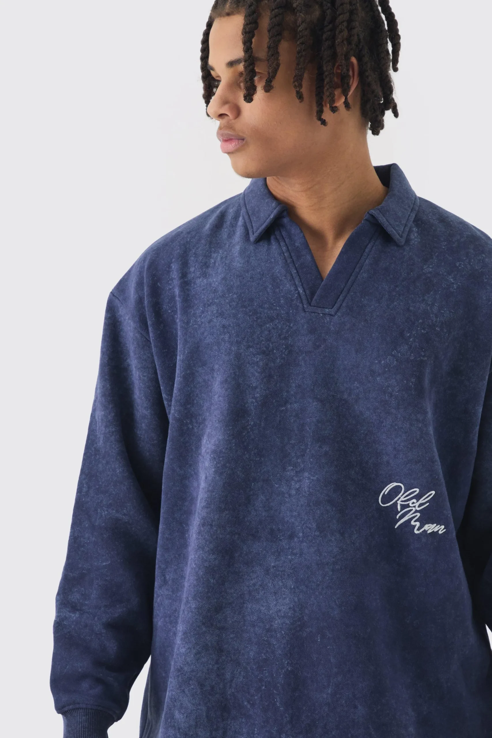 Oversized V Neck Washed Embroidered Rugby Sweatshirt Polo | UK^boohooMAN Clearance