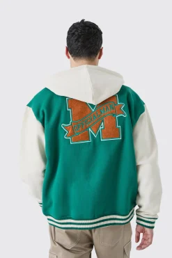 boohooMAN Oversized Varsity Applique Jersey Hooded Jacket | UK| Coats & Jackets