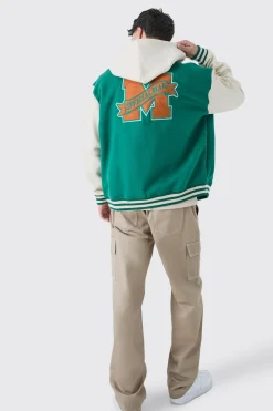 boohooMAN Oversized Varsity Applique Jersey Hooded Jacket | UK| Coats & Jackets