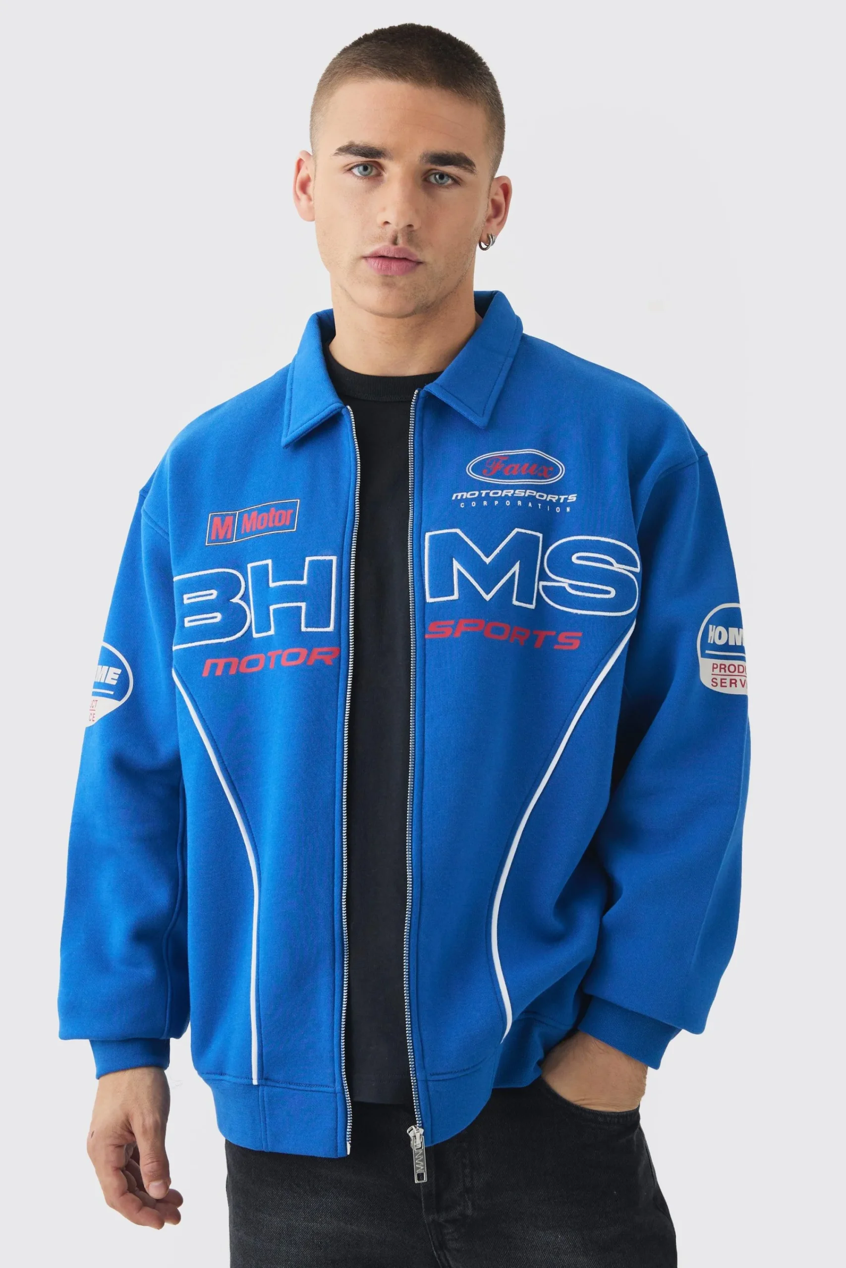 boohooMAN Oversized Varsity BHMS Embroidered Jersey Bomber Jacket | UK| Coats & Jackets|Hoodies & Sweatshirts