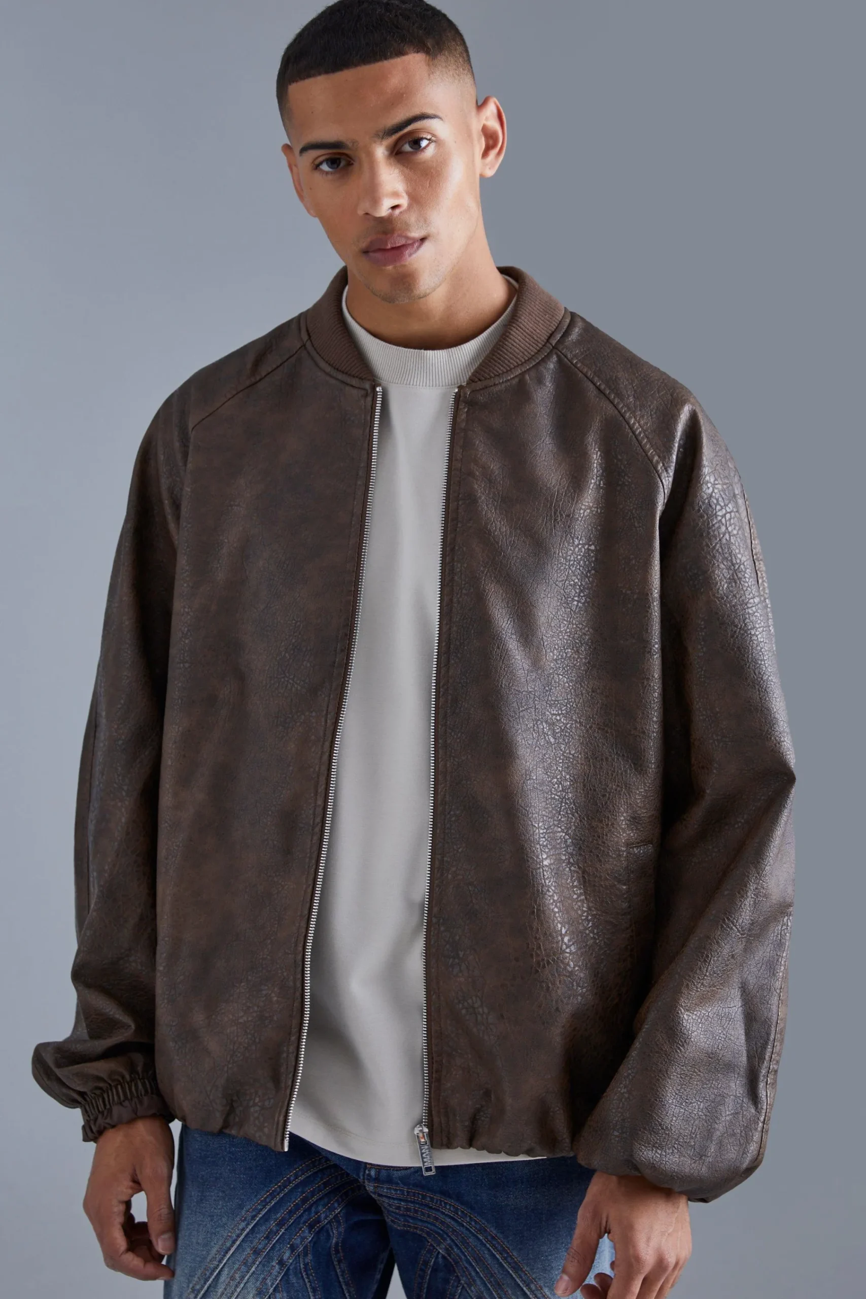 boohooMAN Oversized Vintage Cracked Pu Raglan Bomber | UK| Coats & Jackets