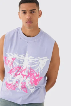 Oversized Wash Boxy Gothic Graffiti Distressed Tank | UK^boohooMAN Online