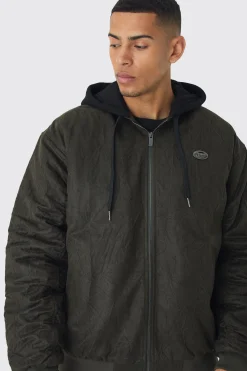 boohooMAN Oversized Washed Crinkle Hooded Bomber In | UK| Coats & Jackets