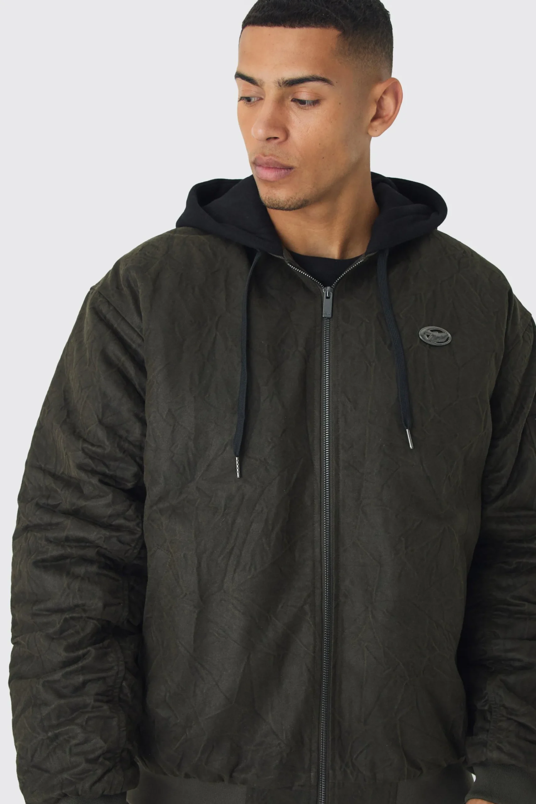 boohooMAN Oversized Washed Crinkle Hooded Bomber In | UK| Coats & Jackets
