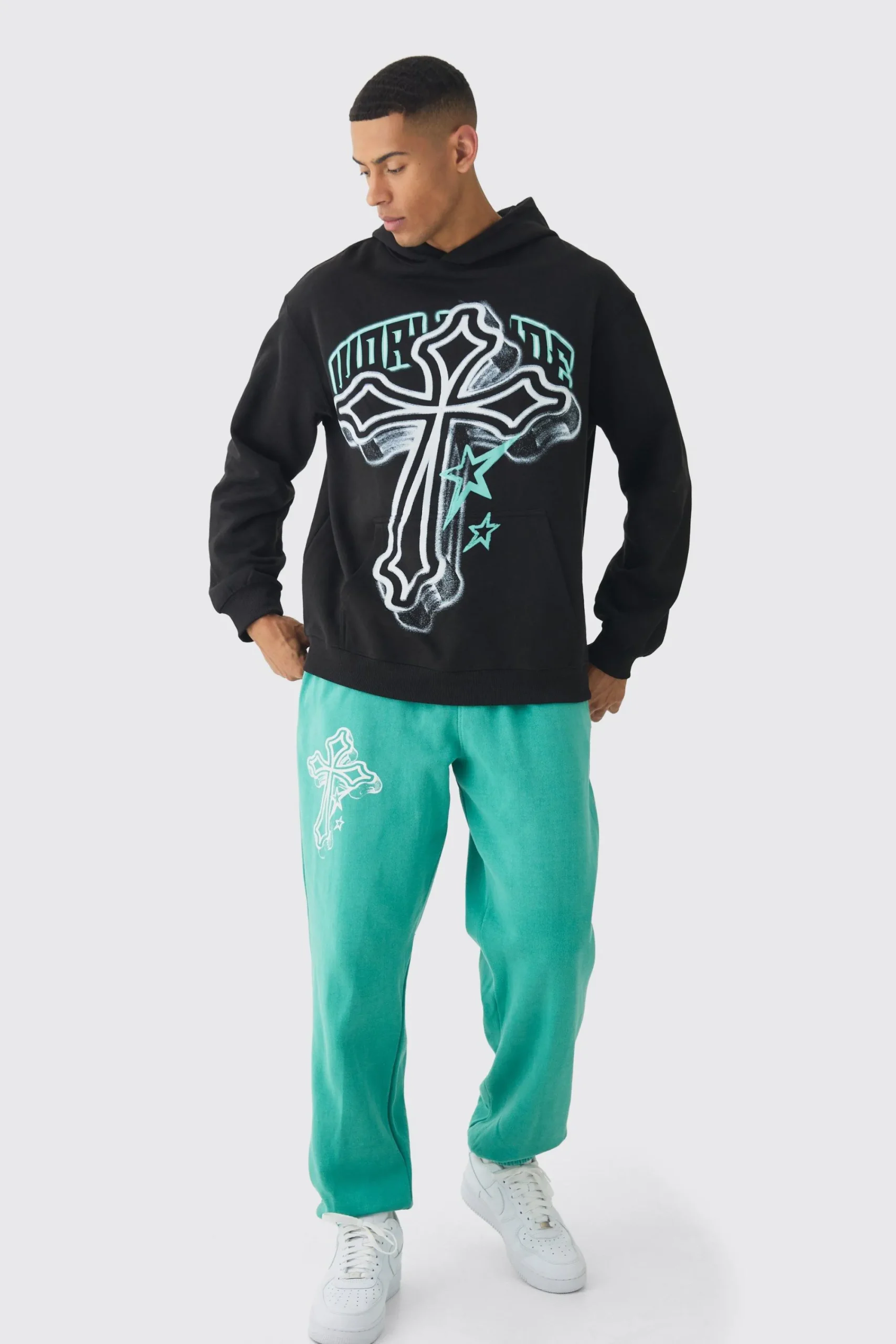 boohooMAN Oversized Washed Cross Print Tracksuit | UK| Tracksuits