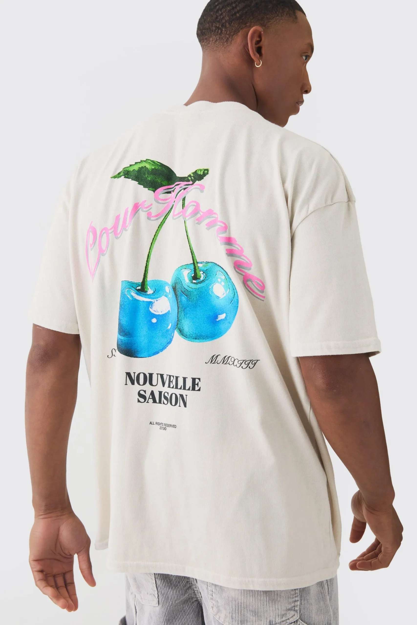 Oversized Washed Extended Neck Cherry Print T-shirt | UK^boohooMAN Sale