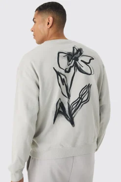 boohooMAN Oversized Washed Floral Line Drawing Back Print Sweatshirt | UK| Hoodies & Sweatshirts