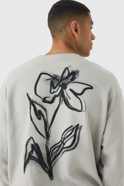 boohooMAN Oversized Washed Floral Line Drawing Back Print Sweatshirt | UK| Hoodies & Sweatshirts