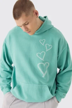boohooMAN Oversized Washed Graffiti Heart Hoodie | UK| Hoodies & Sweatshirts
