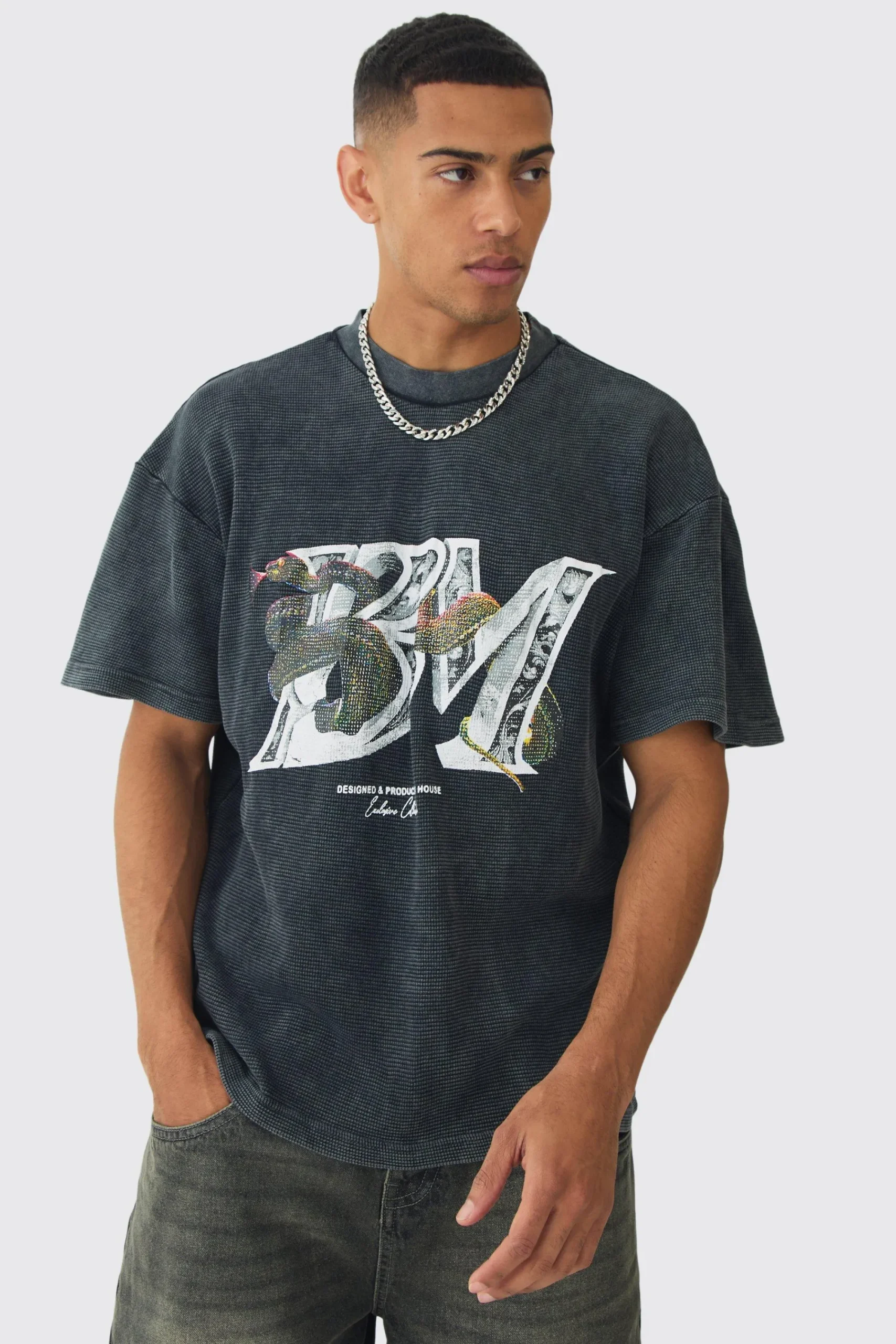 Oversized Washed Graphic BM Heavyweight Waffle T-shirt | UK^boohooMAN Hot