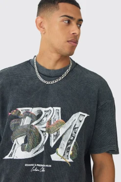 Oversized Washed Graphic BM Heavyweight Waffle T-shirt | UK^boohooMAN Hot