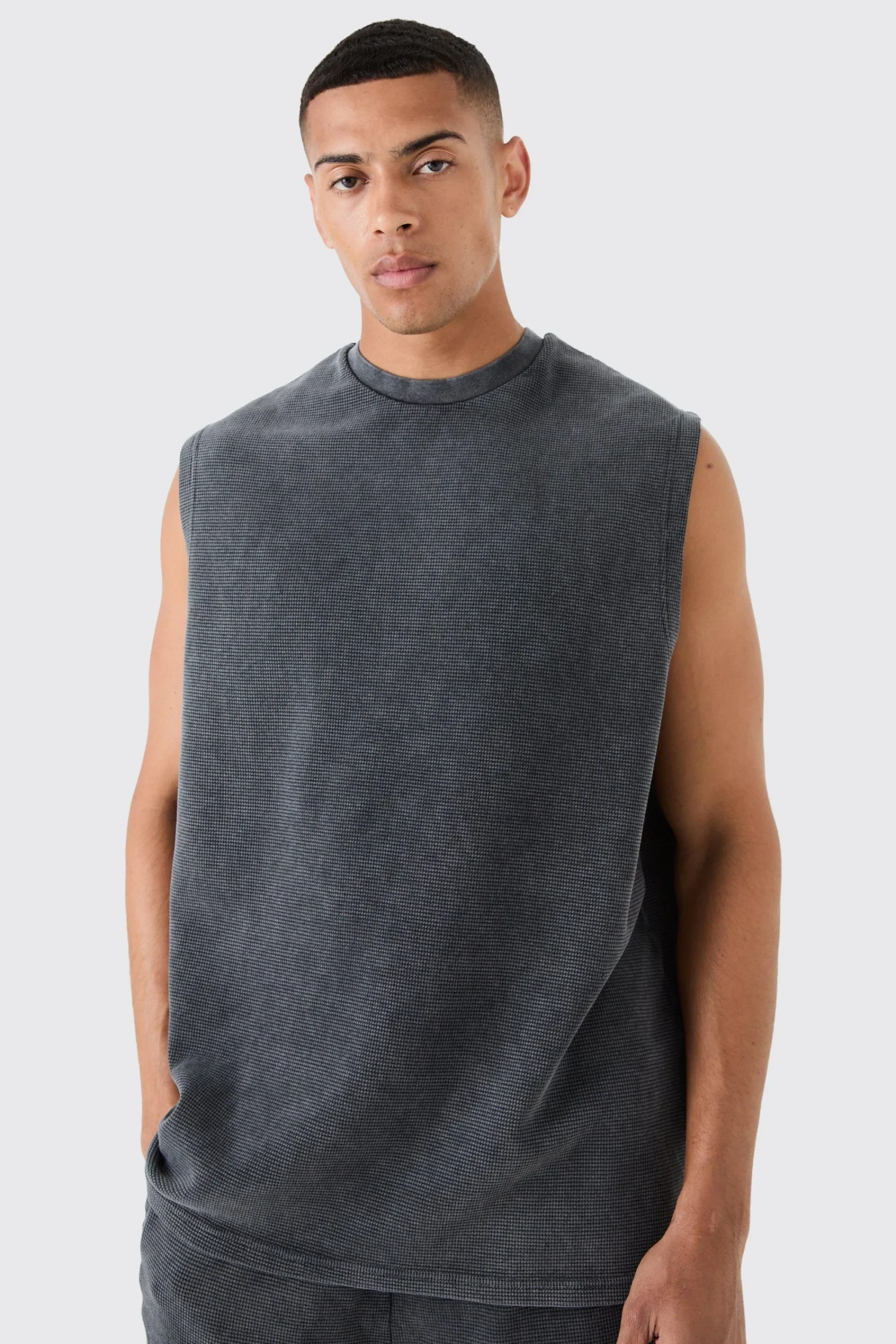 Oversized Washed Heavyweight Waffle Tank | UK^boohooMAN New