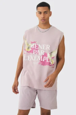 Oversized Washed Heavyweight Waffle Graphic Tank & Short Set | UK^boohooMAN Clearance