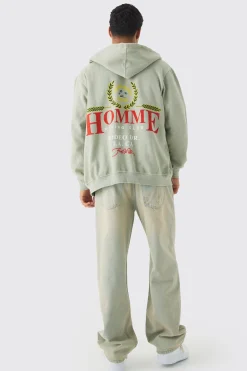 boohooMAN Oversized Washed Homme Print Zip Through Hoodie | UK| Hoodies & Sweatshirts