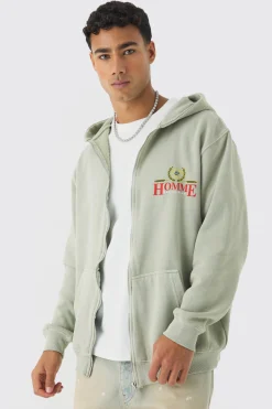 boohooMAN Oversized Washed Homme Print Zip Through Hoodie | UK| Hoodies & Sweatshirts