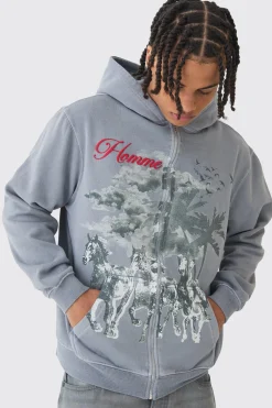 Oversized Washed Horse Print Zip Through Hoodie | UK^boohooMAN Sale
